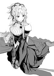 1girl armor closed_mouth commentary_request fate/grand_order fate_(series) fingerless_gloves full_body gloves greyscale hair_ribbon hakama hakama_skirt highres japanese_clothes kneeling long_hair long_sleeves looking_afar monochrome noz_2to ribbon sash shoulder_armor simple_background skirt solo very_long_hair yui_shousetsu_(fate) yui_shousetsu_(third_ascension)_(fate)