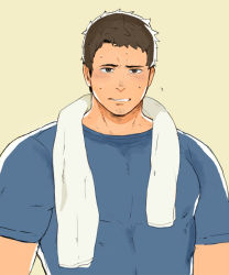 Rule 34 | 1boy, bara, blush, brown hair, character request, copyright request, looking at viewer, male focus, muscular, nabana (bnnbnn), simple background, solo, sweat, teeth, towel