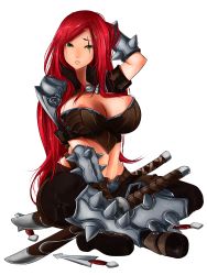 Rule 34 | 1girl, absurdres, akira toshine, areola slip, arm between legs, arm up, armor, boots, dagger, eyebrows, green eyes, hand in own hair, highres, indian style, katarina (league of legends), knife, league of legends, looking at viewer, midriff, navel, pants, parted lips, red hair, scar, scar across eye, scar on face, shoulder armor, sitting, solo, sword, teeth, weapon
