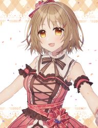 Rule 34 | 1girl, :d, bad id, bad pixiv id, bare shoulders, breasts, brown eyes, brown hair, commentary request, confetti, dress, english text, hair ornament, hairclip, highres, idolmaster, idolmaster cinderella girls, idolmaster cinderella girls starlight stage, looking at viewer, medium breasts, mimura kanako, minamiya mia, open mouth, pink dress, sleeveless, sleeveless dress, smile, solo, twitter username, upper body, white background