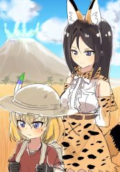 Rule 34 | 10s, 2girls, animal ear fluff, animal ears, backpack, bag, black hair, blonde hair, blue eyes, blue sky, bookbag, bow, bowtie, chawan (yultutari), closed mouth, commentary, cosplay, day, elbow gloves, extra ears, field, girls und panzer, gloves, hat, hat feather, helmet, high-waist skirt, highres, kaban (kemono friends), kaban (kemono friends) (cosplay), katyusha (girls und panzer), kemono friends, light frown, long hair, looking at another, looking to the side, miniskirt, multiple girls, nonna (girls und panzer), outdoors, pith helmet, print gloves, print neckwear, print skirt, red shirt, serval (kemono friends), serval (kemono friends) (cosplay), serval print, serval tail, shirt, short hair, short sleeves, skirt, sky, sleeveless, standing, sweatdrop, swept bangs, tail, volcano, white shirt, yellow gloves, yellow neckwear, yellow skirt