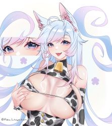 Rule 34 | 1girl, animal ear fluff, animal ears, animal print, artist name, bell, bikini, blue eyes, blue hair, blush, breasts, cow print, cowbell, elbow gloves, fangs, gloves, highres, large breasts, long hair, looking at viewer, lyviatan, multicolored hair, open mouth, pink hair, silvervale, streaked hair, swept bangs, swimsuit, tongue, tongue out, virtual youtuber, vshojo, wolf ears, wolf girl
