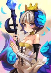 Rule 34 | 1girl, bare shoulders, breasts, bridal gauntlets, choker, cleavage, collarbone, detached sleeves, feathered wings, feathers, gradient background, gwendolyn (odin sphere), hair bun, hair up, hairband, hm (hmongt), jewelry, odin sphere, polearm, pteruges, purple eyes, ring, silver hair, single hair bun, solo, spear, tiara, upper body, weapon, wings