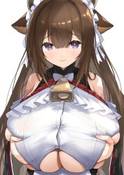 Rule 34 | 1girl, animal ears, azur lane, bare shoulders, bell, blunt bangs, bow, bowtie, breasts, brown hair, closed mouth, clothing cutout, commentary request, cow ears, cowbell, furrowed brow, grabbing own breast, hair between eyes, highres, huge breasts, kashino (azur lane), kashino (maid for mayhem) (azur lane), long hair, looking ahead, looking at viewer, maid headdress, mikasayaki, neck bell, off-shoulder shirt, off shoulder, official alternate costume, purple eyes, shirt, simple background, solo, straight-on, traditional bowtie, underboob, underboob cutout, upper body, white background, white bow, white bowtie