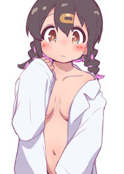 Rule 34 | 1girl, :/, black hair, blush, braid, breasts, breasts apart, breasts day, brown eyes, coat, collarbone, dot nose, good breasts day, hair between eyes, hair ornament, hairclip, hatafuta, lab coat, long hair, long sleeves, looking at viewer, medium breasts, multicolored hair, naked labcoat, navel, off shoulder, onii-chan wa oshimai!, open clothes, open coat, oyama mihari, purple hair, simple background, sleeves past wrists, solo, twin braids, two-tone hair, upper body, white background