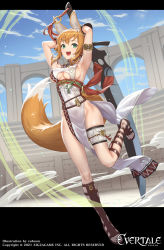 Rule 34 | 1girl, animal ear fluff, animal ears, artist name, breasts, commentary request, company connection, copyright name, cuboon, dress, evertale, fox ears, fox tail, green eyes, highres, light brown hair, looking at viewer, medium breasts, mysha, official art, open mouth, pelvic curtain, shiny skin, short dress, simple background, sleeveless, solo, sword, tail, thigh strap, thighs, weapon