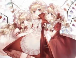 Rule 34 | 1girl, alternate hairstyle, apron, artist name, blonde hair, bow, chinese commentary, commentary request, cowboy shot, crystal, dated, dress, fang, fingerless gloves, flandre scarlet, four of a kind (touhou), gloves, hat, hat bow, highres, lace, lace gloves, ling mou, long hair, mob cap, multiple persona, nail polish, open mouth, puffy short sleeves, puffy sleeves, red bow, red dress, red eyes, red nails, red neckwear, short sleeves, side ponytail, touhou, white background, white dress, white headwear, wings