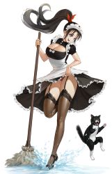 Rule 34 | 1girl, :d, apron, bare arms, black footwear, black hair, black thighhighs, breasts, brown thighhighs, cat, chronodash, cleavage, commentary request, dot nose, dress, forehead, frilled apron, frilled dress, frills, full body, garter belt, garter straps, hair ornament, highres, holding, holding mop, large breasts, looking at another, looking down, maid, maid headdress, mary janes, mop, multicolored eyes, open mouth, original, panties, pantyshot, ponytail, puffy short sleeves, puffy sleeves, red panties, shadow, shoes, short sleeves, simple background, smile, solo, splashing, teeth, thighhighs, thighs, underwear, upper teeth only, white apron, white background