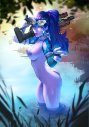 Rule 34 | 1girl, absurdres, arm tattoo, ass, breasts, choker, colored skin, cote d&#039;azur widowmaker, cowboy shot, day, earrings, eva solo, eyewear on head, finger gun, floral print, from side, front-tie top, gun, highres, holding, holding gun, holding weapon, hoop earrings, jewelry, lips, lipstick, long hair, looking at viewer, looking to the side, makeup, medium breasts, navel, nipples, nose, nude, outdoors, overwatch, overwatch 1, partially submerged, pointing, pointing at viewer, ponytail, purple hair, purple lips, purple skin, reeds, ribbon choker, rifle, short sleeves, sniper rifle, solo, stream, sunglasses, tattoo, wading, weapon, wet, white choker, widowmaker (overwatch), yellow eyes
