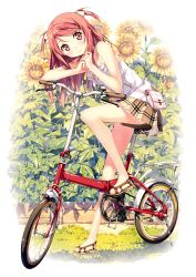 Rule 34 | 1girl, absurdres, bag, bare legs, bare shoulders, bicycle, blush, camisole, feet, flower, folding bicycle, hair ribbon, handbag, highres, kantoku, kurumi (kantoku), legs, long hair, looking at viewer, original, plaid, plaid skirt, pleated skirt, red eyes, red hair, ribbon, sandals, shirt, skirt, sleeveless, sleeveless shirt, smile, solo, sunflower, toes, twintails, two side up