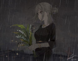 Rule 34 | 1girl, bouquet, bracelet, cloud, cloudy sky, cross, dated, dress, flower, grave, graveyard, grey eyes, grey hair, hair bun, highres, holding, holding bouquet, holding flower, jewelry, lily of the valley, necklace, original, parted lips, rain, shi-ro, short hair, signature, sky, solo, tombstone