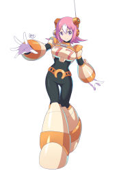Rule 34 | 1girl, android, breasts, full body, hair between eyes, headset, highres, mega man (series), mega man x: command mission, mega man x (series), mega man x dive, microphone, multicolored hair, nana (mega man x: command mission), official style, outstretched arm, pink hair, purple eyes, robot ears, short hair, shoutaro saito, signature, simple background, smile, solo, standing, two-tone hair, white background, white hair