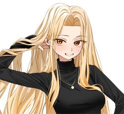 Rule 34 | 1girl, black shirt, blonde hair, blush, forehead, grin, hair over breasts, hand in own hair, hand on own ear, highres, jewelry, long eyelashes, long hair, long sleeves, luicent, necklace, original, parted bangs, parted hair, parted lips, shirt, smile, turtleneck, turtleneck shirt, upper body, white background, yellow eyes