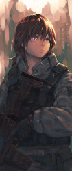 Rule 34 | 1girl, assault rifle, backlighting, blue eyes, brown hair, dark, frown, gloves, gun, highres, lights, load bearing vest, looking away, looking to the side, low ponytail, military, military uniform, original, pouch, rifle, sato (options), soldier, solo, trigger discipline, uniform, weapon