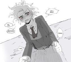 Rule 34 | 1boy, @ @, blush, clenched hands, clenched teeth, collared shirt, danganronpa (series), danganronpa 3 (anime), from below, highres, hope&#039;s peak academy school uniform, jacket, komaeda nagito, lapels, layered sleeves, long sleeves, male focus, messy hair, necktie, school uniform, seumol sx, shirt, short hair, short necktie, solo, spot color, suit jacket, sweat, teeth, through wall, upper body, vest, wavy hair