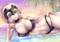 Rule 34 | 1girl, ahoge, bad id, bad twitter id, bare arms, bare shoulders, beach, bikini, bikini tug, black bikini, blush, breasts, cleavage, collarbone, fate/apocrypha, fate/grand order, fate (series), front-tie bikini top, front-tie top, halterneck, headpiece, highres, jeanne d&#039;arc (fate), jeanne d&#039;arc alter (avenger) (fate), jeanne d&#039;arc alter (fate), large breasts, looking at viewer, lying, nasaniliu, navel, ocean, on side, outdoors, palm tree, parted lips, partially submerged, short hair, side-tie bikini bottom, silver hair, skindentation, smile, solo, sparkle, stomach, sunset, swimsuit, tree, tsurime, wet, yellow eyes