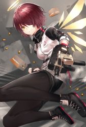 Rule 34 | 1girl, arknights, blush, breasts, bullet, english text, engrish text, exusiai (arknights), female focus, halo, holding, holding weapon, kfr, looking at viewer, ranguage, short hair, smile, solo, uniform, weapon, yellow eyes