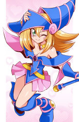 Rule 34 | 1girl, adjusting clothes, adjusting headwear, bare shoulders, blonde hair, blue dress, blue footwear, blue hat, blush stickers, boots, breasts, capelet, cleavage, dark magician girl, dress, duel monster, gauntlets, green eyes, hat, highres, jewelry, long hair, medium breasts, necklace, one eye closed, pentacle, pink skirt, skirt, solo, staff, usoco, wand, wizard hat, yu-gi-oh!, yu-gi-oh! duel monsters