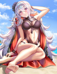 Rule 34 | 1girl, arm behind head, azur lane, barefoot, beach, blush, breasts, cape, feet, graf zeppelin (azur lane), highres, large breasts, long hair, looking at viewer, parted lips, red eyes, silver hair, sitting, soles, solo, toes
