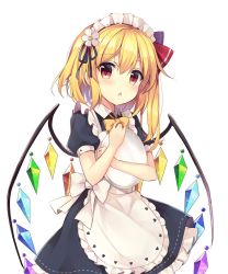 Rule 34 | 1girl, :d, alternate costume, apron, blonde hair, blush, bow, bowtie, commentary request, crystal, dress, enmaided, eyelashes, flandre scarlet, flower, frilled apron, frilled dress, frills, hair bow, hair flower, hair ornament, heart, heart print, highres, holding, holding tray, looking at viewer, maid, maid apron, maid headdress, multicolored wings, one side up, open mouth, puffy short sleeves, puffy sleeves, rainbow order, red bow, ruhika, short hair, short sleeves, side ponytail, sidelocks, simple background, smile, solo, standing, touhou, tray, upper body, waist apron, white apron, white background, wings, wrist cuffs, yellow bow, yellow bowtie