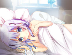 Rule 34 | 1girl, bed sheet, blue eyes, blue hair, blush, breasts, closed mouth, commentary request, day, gochuumon wa usagi desu ka?, hair between eyes, hair ornament, indoors, kafuu chino, long hair, lying, naked sheet, on side, pillow, plant, potted plant, rikatan, small breasts, smile, solo, sunlight, under covers, window, x hair ornament