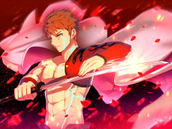 Rule 34 | 1boy, abs, absurdres, bad id, bad pixiv id, brown hair, cape, emiya shirou, facial mark, fate/grand order, fate (series), grey cape, hair between eyes, highres, holding, holding sword, holding weapon, katana, limited/zero over, male focus, petals, solo, spiked hair, sword, upper body, waku (ayamix), weapon, yellow eyes
