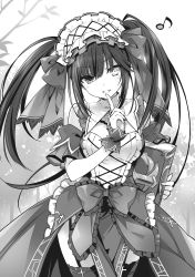 Rule 34 | 1girl, :d, asymmetrical hair, book, breasts, clock eyes, cowboy shot, date a live, detached collar, detached sleeves, floating hair, garter straps, greyscale, hairband, head tilt, heterochromia, highres, holding, index finger raised, lolita hairband, long hair, looking at viewer, medium breasts, monochrome, musical note, novel illustration, official art, open mouth, short sleeves, smile, solo, standing, symbol-shaped pupils, thighhighs, tokisaki kurumi, tsunako, twintails, very long hair, wrist cuffs