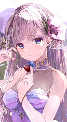 Rule 34 | 1girl, anemone (flower), arm up, bare shoulders, blue eyes, blush, breasts, bug, butterfly, butterfly on hand, closed mouth, collarbone, dress, elbow gloves, eyeshadow, floral background, flower, gloves, hair flower, hair ornament, heart, highres, holding, holding heart, insect, jewelry, long hair, looking at viewer, makeup, necklace, original, puracotte, purple dress, purple flower, purple hair, sleeveless, sleeveless dress, small breasts, solo, straight hair, swept bangs, upper body, very long hair, white gloves