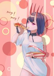 Rule 34 | 1girl, breasts, bridal gauntlets, cheese trail, collarbone, eating, eyeliner, fate/grand order, fate (series), food, food in mouth, highres, horns, makeup, off-shoulder shirt, off shoulder, oni, oversized clothes, pink eyes, pizza, pizza box, purple hair, sawarineko, shirt, short eyebrows, short hair, shuten douji (fate), skin-covered horns, slit pupils, small breasts, solo, thick eyebrows, white shirt