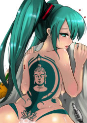 Rule 34 | 1girl, aftersex, aqua nails, back, buddha, cum, cum on ass, green eyes, green hair, green nails, hatsune miku, heart, long hair, matching hair/eyes, mr chwadee, nail polish, needle, nude, out-of-frame censoring, solo, tattoo, tears, tongue, twintails, vocaloid