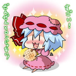 Rule 34 | 1girl, :3, :d, puff of air, bad id, bad pixiv id, bat wings, blue hair, blush, bow, bread, chibi, commentary request, cookie, crumbs, detached wings, eating, fang, food, food on face, hat, hat bow, looking at viewer, melon bread, mob cap, noai nioshi, open mouth, patch, remilia scarlet, short hair, sitting, smile, solo, sparkle, touhou, translation request, wings, | |