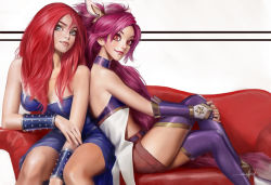 Rule 34 | 2girls, alternate costume, alternate hair color, breasts, jinx (league of legends), league of legends, lipstick, magical girl, makeup, multiple girls, red hair, short shorts, shorts, sitting, sona (league of legends), star guardian (league of legends), star guardian jinx, thighhighs, twintails