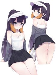 Rule 34 | 1girl, :/, alternate costume, arm support, ass, black skirt, breasts, camisole, cattocut, closed mouth, commentary, cropped legs, double-parted bangs, english commentary, gradient hair, grey hoodie, high ponytail, highres, hololive, hololive english, hood, hoodie, invisible chair, legs together, light blush, long hair, long sleeves, miniskirt, mole, mole under eye, multicolored hair, multiple views, ninomae ina&#039;nis, off shoulder, open clothes, open hoodie, orange hair, panties, pleated skirt, purple eyes, purple hair, racket, sidelocks, signature, simple background, sitting, skirt, sleeves past wrists, small breasts, tennis racket, tentacle hair, thong, turning head, two-tone hair, underbutt, underwear, very long hair, virtual youtuber, visor cap, white background, white camisole, white panties