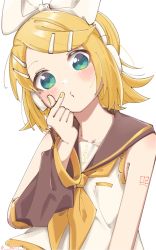 Rule 34 | 1girl, aqua eyes, arm warmers, bare shoulders, black collar, blonde hair, blouse, blush, bow, collar, commentary, finger heart, grey collar, grey sleeves, hair bow, hair ornament, hairclip, headphones, highres, kagamine rin, looking at viewer, m0ti, nail polish, neckerchief, number tattoo, pouty lips, sailor collar, school uniform, shirt, short hair, shoulder tattoo, sleeveless, sleeveless shirt, solo, tattoo, treble clef, twitter username, upper body, vocaloid, white background, white bow, white shirt, yellow nails, yellow neckerchief