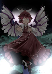Rule 34 | 1girl, animal ears, bird ears, bird wings, black footwear, brown dress, brown hat, brown thighhighs, collared shirt, dress, feathered wings, fingernails, frilled dress, frilled sleeves, frills, full body, full moon, grey eyes, grey nails, hat, highres, kawanami eito, long fingernails, long sleeves, looking at viewer, moon, mystia lorelei, nail polish, night, open mouth, outdoors, pink hair, sharp fingernails, shirt, shoes, short hair, sleeve garter, smile, solo, thighhighs, touhou, very long fingernails, white shirt, white wings, winged footwear, winged hat, wings