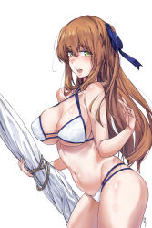 Rule 34 | 1girl, absurdres, aningay, bad anatomy, bikini, breasts, brown hair, cleavage, contrapposto, cowboy shot, criss-cross halter, from side, girls&#039; frontline, green eyes, hair between eyes, hair ribbon, halterneck, highres, large breasts, leaning forward, long hair, navel, o-ring, o-ring bikini, o-ring top, official alternate costume, open mouth, ribbon, simple background, smile, solo, springfield (girls&#039; frontline), springfield (stirring mermaid) (girls&#039; frontline), standing, swimsuit, white background, white bikini