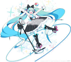 Rule 34 | 1girl, alternate costume, aqua eyes, aqua hair, copyright notice, dress, gloves, guitar, hatsune miku, headset, highres, instrument, len (a-7), long hair, magical mirai (vocaloid), magical mirai miku, magical mirai miku (2016), microphone, official art, open mouth, phonograph, smile, solo, twintails, very long hair, vocaloid, white background, white gloves