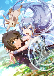 Rule 34 | 1boy, 1girl, animal ears, blue eyes, blue hair, blue sky, brown hair, brown jacket, casting spell, character request, closed mouth, cloud, commentary request, fenrys, flio, floating, floating hair, hug, itomachi akine, jacket, lens flare, long hair, looking at viewer, lv 2 kara cheat datta moto yuusha kouho no mattari isekai life, official art, open mouth, pointy ears, short hair, sky, smile, wolf ears