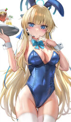 Rule 34 | 1girl, animal ears, aqua bow, aqua bowtie, bare arms, bare shoulders, blonde hair, blue archive, blue leotard, blush, bow, bowtie, breasts, cleavage, closed mouth, commentary, cowboy shot, detached collar, fake animal ears, gluteal fold, halo, highleg, highleg leotard, highres, himonoata, holding, large breasts, leotard, long hair, looking at viewer, medium breasts, playboy bunny, rabbit ears, simple background, solo, thigh gap, thighhighs, thighs, toki (blue archive), toki (bunny) (blue archive), white background, white thighhighs, wrist cuffs