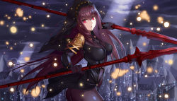 Rule 34 | 1girl, absurdres, armor, asato (fadeless), bodysuit, breasts, city, dual wielding, fate/grand order, fate (series), gae bolg (fate), highres, holding, holding spear, holding weapon, long hair, looking at viewer, parted lips, pauldrons, polearm, purple hair, red eyes, scathach (fate), scathach (fate), shoulder armor, solo, spear, veil, weapon