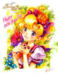 Rule 34 | 1girl, blonde hair, blush, bow, dated, flower, hair flower, hair ornament, happy new year, juni (sometimes), nashi juni, new year, open mouth, purple eyes, signature, solo, sometimes she&#039;s the light, upper body
