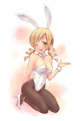 Rule 34 | 10s, 1girl, animal ears, blonde hair, bow, bowtie, breasts, cleavage, detached collar, detached sleeves, drill hair, fake animal ears, gradient background, kazabuki poni, leotard, long hair, mahou shoujo madoka magica, mahou shoujo madoka magica (anime), one eye closed, pantyhose, playboy bunny, rabbit ears, rabbit tail, solo, tail, tomoe mami, twin drills, twintails, wrist cuffs, yellow eyes