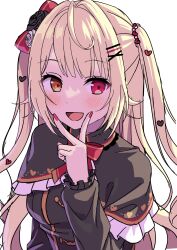 Rule 34 | 1girl, ahoge, black capelet, blush, capelet, cosplay, frilled capelet, frills, hair intakes, hair ornament, heterochromia, highres, hoshikawa sara, long hair, long sleeves, nijisanji, pink nails, red eyes, simple background, solo, two side up, v over mouth, very long hair, virtual youtuber, white background, white hair, x hair ornament, yellow eyes, yuusa, yuzuki roa, yuzuki roa (cosplay)