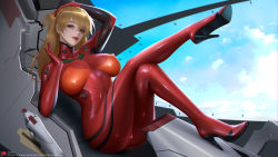 Rule 34 | 1girl, alternate breast size, artist name, ass, blue eyes, blue sky, bodysuit, breasts, brown hair, curvy, hairpods, hand in own hair, huge ass, interface headset, large breasts, lips, looking at viewer, machinery, neon genesis evangelion, plugsuit, red bodysuit, sade abyss, shiny clothes, sitting, skin tight, sky, smile, solo, souryuu asuka langley, standing, two side up, wide hips, window