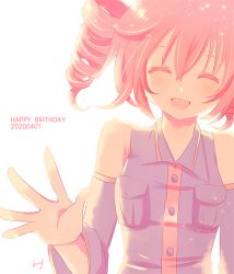 Rule 34 | 1girl, 2020, backlighting, bare shoulders, black shirt, black sleeves, breast pocket, commentary, dated, detached sleeves, drill hair, closed eyes, facing viewer, happy birthday, kasane teto, np eny, open mouth, outstretched hand, pocket, red hair, shirt, short hair, signature, smile, solo, twin drills, utau, waving, white background
