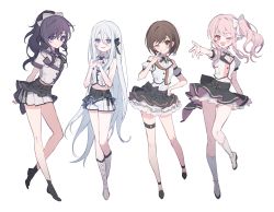 1other, 25-ji night code de. (project sekai), 3girls, ;), ;d, adapted costume, akiyama mizuki, ankle strap, arm at side, arms behind back, asahina mafuyu, back bow, bare legs, belt, black belt, black bow, black hair, black ribbon, blouse, blue eyes, boots, bow, breasts, brown eyes, brown hair, buttons, collared shirt, contrapposto, cross-laced footwear, detached sleeves, dot nose, drill hair, finger to cheek, full body, grey eyes, grey ribbon, hair ribbon, hand on hip, hands on own chest, hands up, high-waist skirt, high ponytail, highres, idol clothes, knee boots, knees together feet apart, lace-up boots, layered skirt, legs together, light blush, light smile, lineup, long hair, midriff, more more jump! (project sekai), multiple girls, navel, neck ribbon, one eye closed, open mouth, outstretched hand, own hands together, parted lips, piano print, pink eyes, pink hair, pleated skirt, project sekai, puffy short sleeves, puffy sleeves, ribbon, sha (nz2), shinonome ena, shirt, short hair, short sleeves, shorts, side drill, sidelocks, simple background, single horizontal stripe, skirt, small breasts, smile, standing, standing on one leg, straight hair, thigh gap, very long hair, waist bow, waistcoat, wavy hair, white background, white footwear, white hair, white shirt, white shorts, white skirt, wing collar, yoisaki kanade