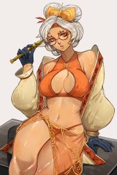 Rule 34 | 1girl, absurdres, adapted costume, bare shoulders, black gloves, breasts, coat, commentary, crop top, english commentary, eyeshadow, eyewear on head, gelldraws, glasses, gloves, grey background, grey coat, hair ornament, hair stick, highres, holding, large breasts, looking at viewer, makeup, navel, nintendo, off shoulder, open mouth, orange panties, panties, purah, red-framed eyewear, red eyes, red eyeshadow, round eyewear, sarong, sheikah, shirt, short hair, sitting, sleeveless, sleeveless shirt, solo, the legend of zelda, the legend of zelda: tears of the kingdom, underwear, updo