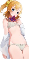 Rule 34 | 1girl, blue eyes, bow, bow bra, bow panties, bra, breasts, hair bow, highres, hiroki (yyqw7151), kosaka honoka, love live!, love live! school idol project, mouth hold, navel, one side up, orange hair, panties, simple background, small breasts, solo, striped, striped bow, underwear, underwear only, white background, white bra, white panties, yellow bow