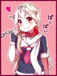 Rule 34 | 10s, 1girl, blush, chain, chain leash, checkered background, collar, hair flaps, heart, kantai collection, leash, long hair, looking at viewer, outline, red eyes, ren kun, scarf, school uniform, serafuku, smile, solo, viewer holding leash, white hair, white outline, yuudachi (kancolle), yuudachi kai ni (kancolle)