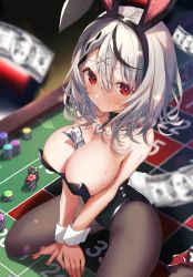 Rule 34 | 1girl, absurdres, animal ears, bad id, bad pixiv id, banknote, between breasts, black collar, black leotard, black pantyhose, blush, breasts, casino card table, cleavage, collar, dollar bill, fake animal ears, food, from above, grey hair, hair ornament, heart, highres, hololive, kneeling, large breasts, leotard, medium hair, money, multicolored hair, nail polish, nidaime (doronbo), on table, pantyhose, playboy bunny, poker chip, rabbit ears, rabbit tail, red eyes, red nails, sakamata chloe, solo, strapless, strapless leotard, streaked hair, sweat, table, tail, tucked money, virtual youtuber, wrist cuffs, x hair ornament